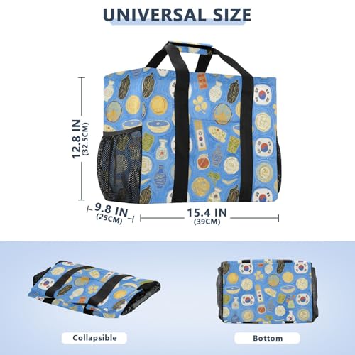 Art Oil Painting Korea Blue Utility Storage Bag Foldable Tote Bag For Beach With Compartments Reusable Shopping Bags with Handles Totes For Car3
