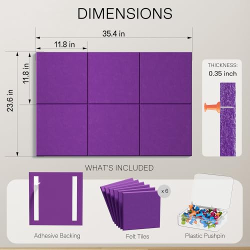 Image of MaxGear Felt Bulletin Board 36 inch x 24 inch, Violet Felt Wall Tiles Push Pins