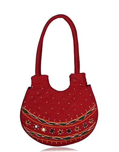 belladona Women's Big Pot Cut Mirror Work Cotton Bag In Red-picture-13