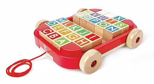 Hape: Pull-Along Cart with Stacking Blocks - Wooden Toy, ABC Letter Blocks, Load Into String Trailer & Take Along, Indoor/Outdoor, Kids Toddler Ages 2+