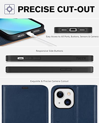 Tucch Case For Iphone 13 Wallet Case, [Rfid Blocking] [Card Slot] Stand With [Shockproof Tpu Interior Case] Pu Leather Magnetic Flip Cover Compatible With Iphone 13 6.1-Inch 2021, Dark Blue & Brown #TOP7