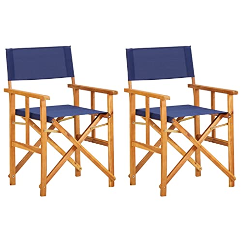 TREATLIFE HOME Folding Director's Chairs, Solid Acacia Wood with Fabric Backrest and Seat, Set of 2, Blue and Natural Wood Color
