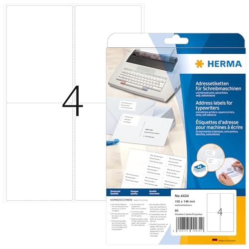 HERMA 4434 Adressetiketten für Schreibmaschinen, 20 Blatt, 102 x 148 mm, 4 pro A4 Bogen, 80 Stück, selbstklebend, bedruckbar, matt, blanko Papier Klebeetiketten Adressaufkleber Etiketten, weiß