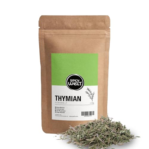 Spicy Welt Tomillo Seco en Hojas (100g) - Tomillo Frotado Aromático – para Guisos, Carnes y Verduras | Terroso, Herbáceo y Penetrante | 100% Natural & Sin Aditivos