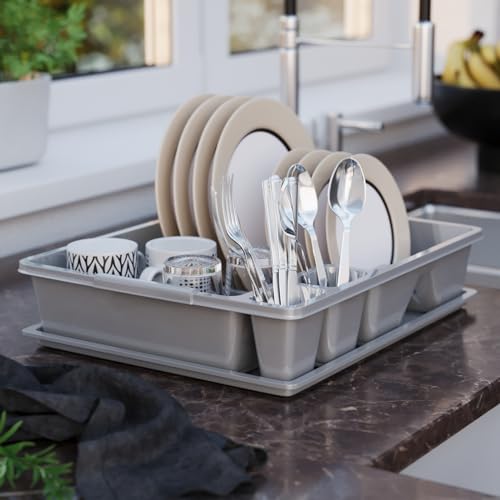 Foto von WELLGRO Abtropfgestell aus Kunststoff mit Reinigungsbürste und 10 Schwämmen - 44x35x9 cm (LxBxH) - Schale Geschirrkorb Abtropfkorb Abtropfgitter für Spüle Made in Europe, Farbe:Grau