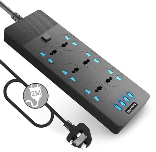 Power Strips Extension Cord, سلك تمديد الكهرباء, Universal Power Strips Extension Lead Outlets with 4 USB Hub&6 Way Cable Surge Protector,Surge Protection UK Plug Cable Cord for Home Office 2M