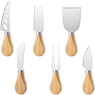 Daucin Cheese Knife Set, 6 Pcs Stainless Steel Cheese Slicer Cheese Fork Cheese Shovel with Oak Handle, Ergonomic Design Cheese Cutter for Family Gathering Party Halloween Christmas
