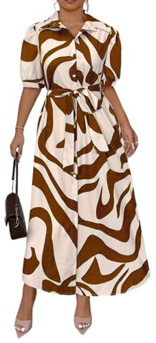 Women's Vintage Abstract Print Belted Shirt Midi Dress with Puff Sleeves & Pockets for Office Casual Date -2 X-Large