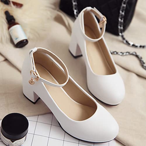 VOKLIN Women's Round Toe Ankle Strap Mary Janes Pumps Chunky Mid Block Heel Work Office Dress Pump Shoes3