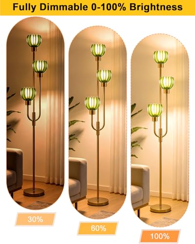 Image of 3-Lights Modern Glass Floor Lamp Gold Dimmable Floor Lamps with 3000K Warm White Bulbs for Wedding Party 66IN Tall Standing Lamp with Green Glass Shade for Living Room /Bedroom /Girls Room