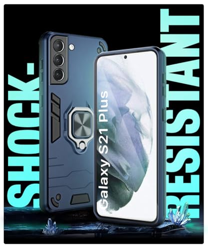 Image of WOW IMAGINE Shock Proof Back Case Mobile Cover for Samsung Galaxy S21 Plus (Armor | Hybrid PC + TPU | Full Protection with Ring Holder Kickstand | Blue)