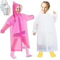 Domueay Rain Poncho Kids 2 Pack Waterproof Reusable EVA Rain Coat with Hood for Girls Lightweight Foldable Raincoat Breathable Unisex Rain Jacket for Outdoor Camping Travel, Pink and White