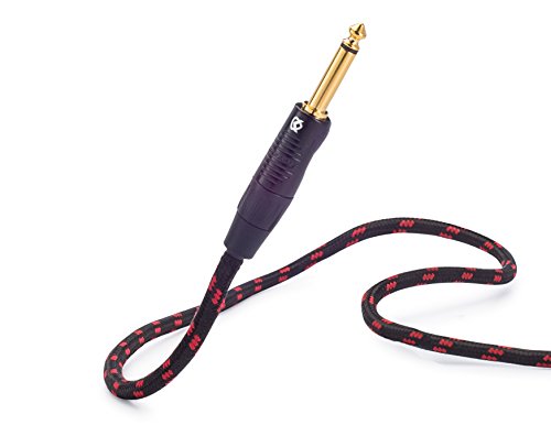 Kliq Guitar Instrument Cable, 10 Ft - Custom Series With Premium Rean-Neutrik 1/4" Straight To Right Angle Gold Plugs, Black/Red Tweed #TOP4