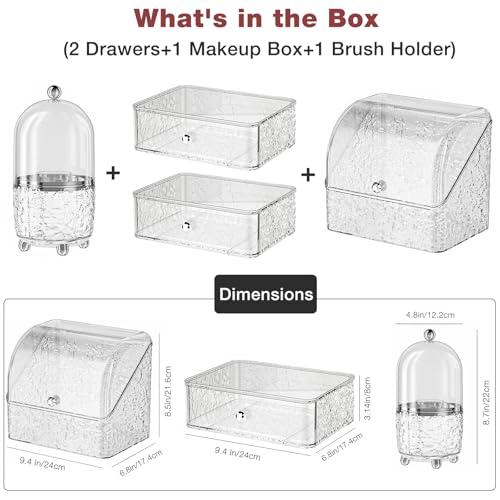 [4 Set] 1 Dustproof Storage Box Makeup Organizer with Lid +2 Makeup Storage Drawers+1 Brush Holder with Cover, Plastic Bin Container for Skincare Cosmetics Vanity Bathroom Countertop Organizer-Glacier by Hiopeak - Image 7