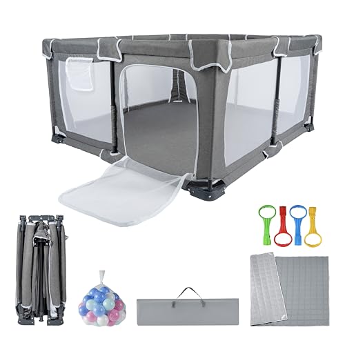 Image of Foldable Baby Playpen 59 inchx71 inch，Playpen for Babies and Toddlers with Mat，with Door，Indoor and Outdoor Baby Fence Play Area (Grey (Cationic Fabric) with Mat
