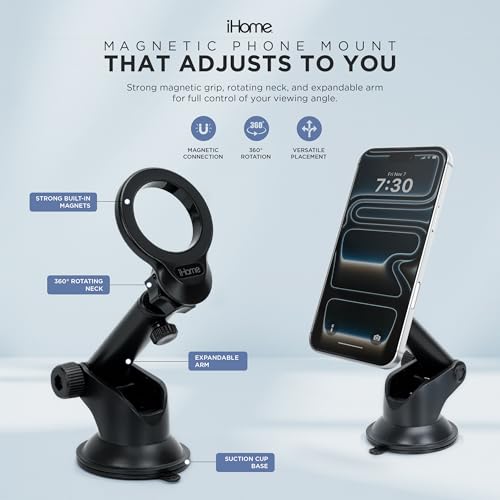 Image of iHome Car Mount, Dashboard /Windshield /Vent Mount, Swivel Neck, Silicone Grip, Adjustable Mount Arm with Suction Cup Base (Magnetic Car Mount)