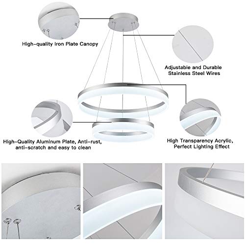 Welaki Led Chandeliers Modern Pendant Light, Adjustable Two Rings Dimmable Chandelier Lighting Fixture For Living Room Bedroom Kitchen Island Resturant Dining Room, 6000K Cool White,60W (Silver Shell) #TOP4