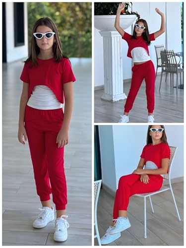 Arshiner Girls 3-Piece Outfit Set High Low Hem Overlay Top, Cami, and Sweatpants for Kids 6-13 Years - image 6