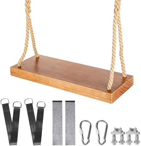 Outdoor Wood Hanging Seat, 22″ x 8″ x 2″ Cedar Wooden Tree Swing for Adults & Kids, 440+ lb Capacity, Adjustable 5-7 ft Rope, Classic Heavy Duty Tree Swing for Backyard & Porch