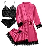 LYANER Damen 4 Stück Nachtwäsche Satin Blumen Spitzenbesatz Cami Pyjama Set mit Bademantel, Solid Rose, XL