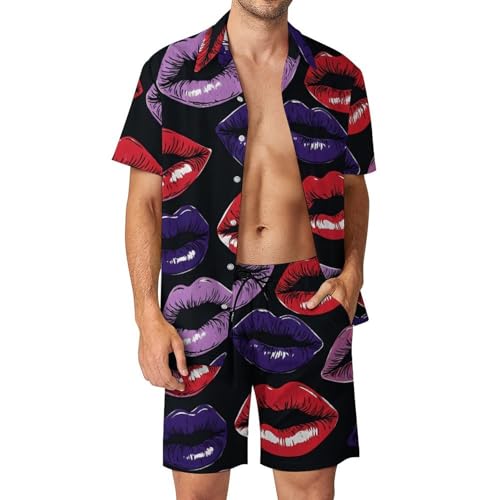 Camisa con botones y pantalones cortos de hombre con diseño de labios para verano