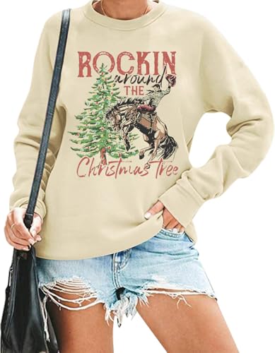 QIANRUO Felpa da donna a dondolo intorno all'albero di Natale retrò camicia da cowboy western casual pullover a maniche lunghe, Giallo chiaro, XX-Large
