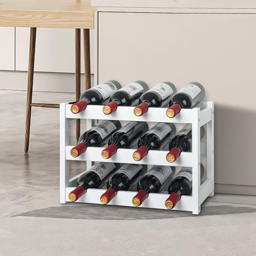 VASMIA Bamboo Wine Rack, Sturdy and Durable Wine Storage Cabinet Shelf, Wine Racks Countertop for Pantry,Kitchen,3-Tier 12 Bottles Wine Rack White - Image 4