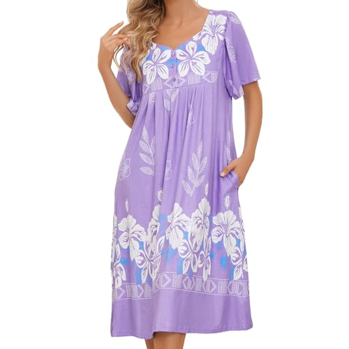 VTUOFC Moo moo Nightgown Short Sleeve Moomoo Dresses for Women House Dress with Pockets Floral Print Mumu Dress Patio dresses Lounge House Dresses for Women with Pockets Purple L