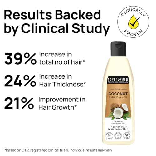 Image of Soulflower Extra Virgin Coconut Oil | Clinically Proven for Hair Growth, Moisturizer, Damage Repair, Anti-Frizz, Baby & Body Massage | 100% Pure, Ecocert Organic Certified, No Mineral Oil, 120ml