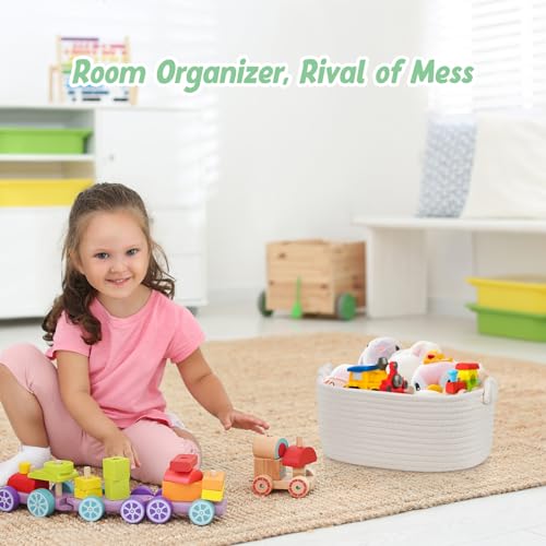 Image of Small Rope Storage Baskets for Organizing - Off White Cotton Rope Organizer Basket - Empty Gift Basket - Woven Baskets Cute Toy Storage Bin for Nursery, Shelves, Closet - 3 Pack