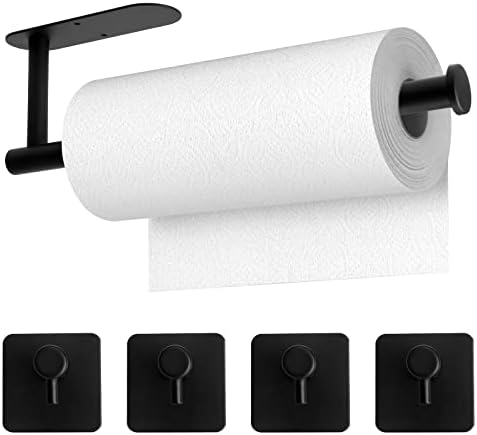 Anruyi Kitchen Roll Holder + 4 PCS Hooks, Stainless Steel Kitchen Paper Holder Under Cabinet Self-adhesive Paper Towel Holder Kitchen Paper Roll Dispenser Paper Roll Holder for Kitchen Bathroom(Black)