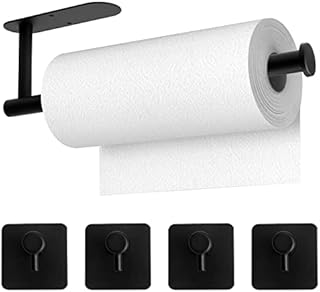 Anruyi Kitchen Roll Holder + 4 PCS Hooks, Stainless Steel Kitchen Paper Holder Under Cabinet Self-adhesive Paper Towel Holder Kitchen Paper Roll Dispenser Paper Roll Holder for Kitchen Bathroom(Black)