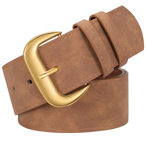 WHIPPY Wide Chunky Belt for Women Dresses Fashion Ladies Thick Suede Belt with Retro Gold Buckle Brown S