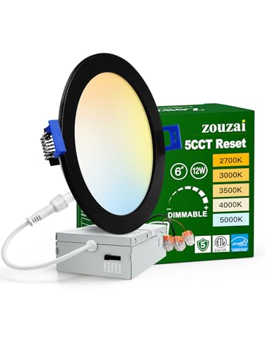 zouzai 1 Pack 6 Inch Black 5CCT Reset Ultra-Thin LED Recessed Ceiling Light with Junction Box, 2700K/3000K/3500K/4000K/5000K Selectable,12W,Dimmable- ETL and Energy Star Certified