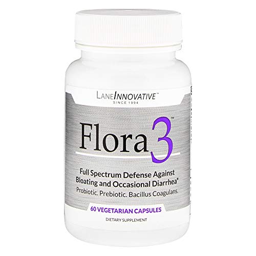 Lane Innovative - Flora3, Full Spectrum Defense Against Gas, Bloating and Occasional Diarrhea, A Probiotic, Prebiotic, and Bacillus Coagulan in One (60 Vegetable Capsules)