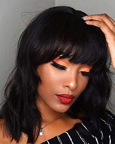 Menoqi Short Black Wig with Bangs for Women, 13'' Curly Wavy Bob Hair Wig, Natural Looking Heat Resistant Synthetic Wig for Daily Party WIG210BK