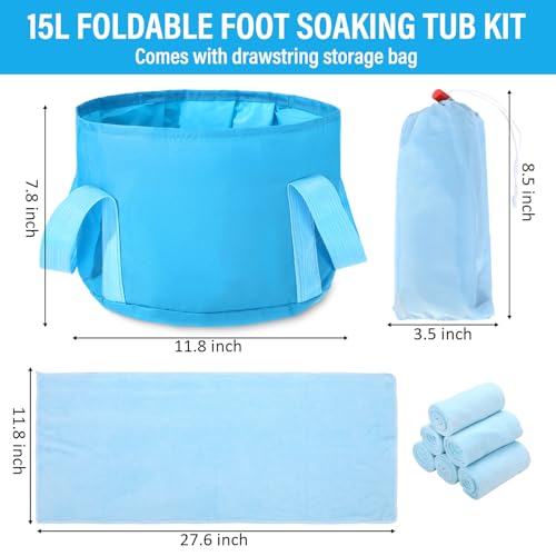 FillTouch 12 Pcs 15L Foldable Foot Soaking Tub Kit Portable Foot Bath Tub for Soaking Feet with Towel and Storage Bag Soak Spa Bucket for Travel Camping (Blue) - Thumbnail 2