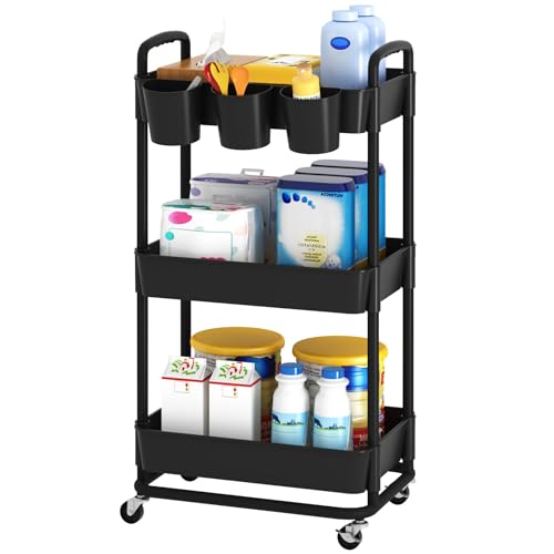 ACCSTORE 3-Tier Baby Diaper Caddy Organizer Cart with Locking Wheels & Hanging Cups - Rolling Storage Cart for Nursery, Changing Table, Baby Essentials, Black