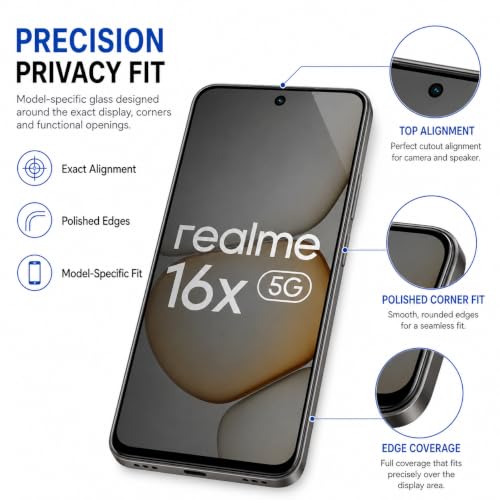 Image of FIRST MART Militry-Grade Privacy Screen Protector for Realme 16x - Anti-Spy Edge to Edge Coverage I Case Friendly, 9H Hardness, Bubble-Free | Anti-Peeping, 2 Pack