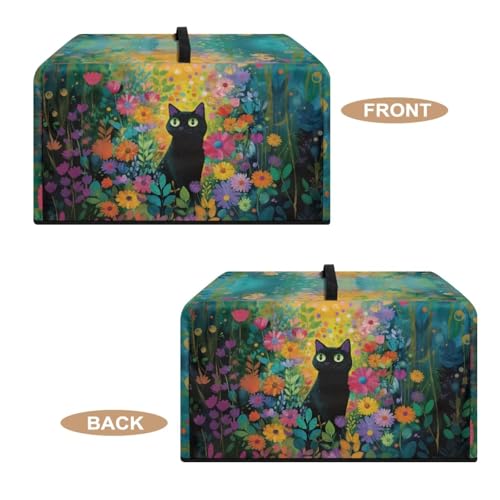 Image of Microwave Oven Cover Air Fryer Toaster Oven Dust Cover with Handle, Stain-Resistant Small Electric Appliance Protector for Kitchen Decor, S, Black Cat Daisy Floral Green