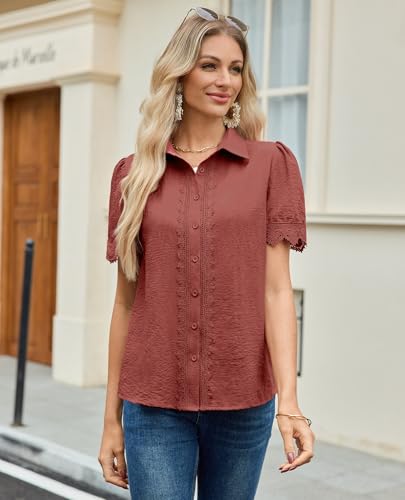 Image of siliteelon Womens Summer Button Down Lace Blouses Lapel Trim Dress Casual Shirts 2026 Fashion Business Short Sleeve Tops