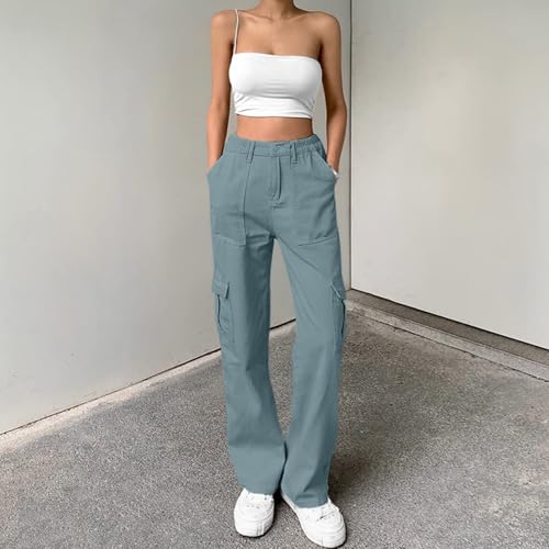 Image of Lepunuo Cargo Pants for Women High Waisted Casual Pants Baggy Stretchy Wide Leg Y2K Streetwear with 6 Pockets