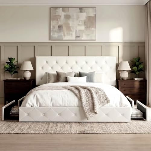 Image of Allewie King Size Platform Bed Frame with 4 Storage Drawers and Headboard /Upholstered Diamond Stitched Button Tufted /Wooden Slats Support /Mattress Foundation /No Box Spring Needed /White