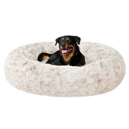 Furhaven 45" Round Calming Donut Dog Bed for Large Dogs, Refillable w/Removable Washable Cover, for Dogs Up to 90 lbs - Shaggy Plush Long Faux Fur Donut Bed - Driftwood Brown, Jumbo/XL by Furhaven - Used condition - US$62.81
