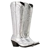 Lmtossey Western Boots - Botas vaqueras bordadas para mujer, punta puntiaguda, tacones gruesos, botas de equitación a media pantorrilla, Silver, 40 EU