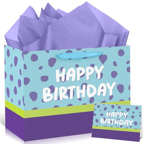 Monster Birthday Gift Bag with Wrapping Paper and Greeting Card Cartoon Party Favor Bag with Handle Blue Purple Polka Dot Paper Candy Bags Monster Gift Bags for Kids Boys Girls Birthday Baby Shower