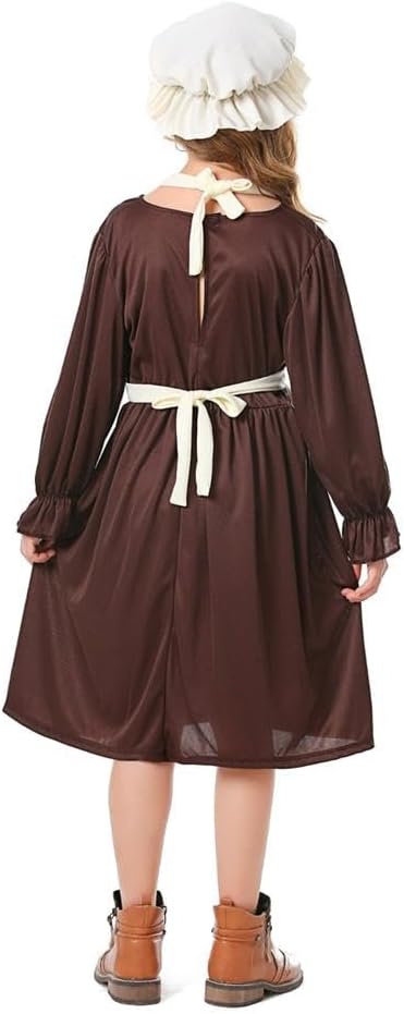 Dressy Daisy Pioneer Colonial Prairie Maid Dress Costume Clothing with Apron and Mob Cap for Toddler Little Girls, Brown