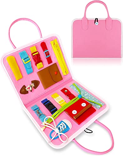 Gojmzo Busy Board Montessori Toys for 1 2 3 Year Old Boys & Girls Gifts, Sensory Toys for Toddlers 1-3, Autism Educational Travel Toys, Preschool Activities Learning Basic Dress Skills (Pink)