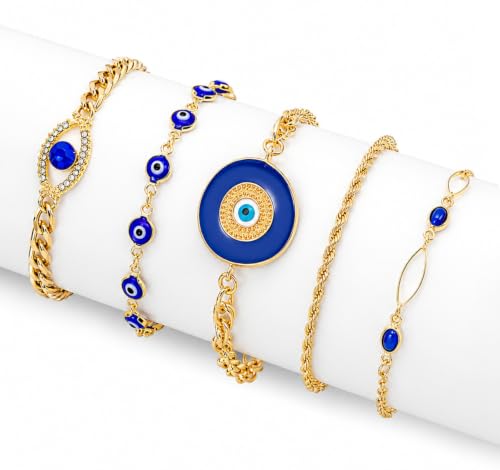 Image of Gold Plated Evil Eye Bracelet Set for Women and Girls, Adjustable Blue Nazar Protection Stackable Chain Bracelet Combo, Crystal Fashion Jewellery, Set of 5