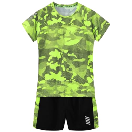 Boys Clothing Sets Summer Short Sleeve Sports Outfits Camouflage T-Shirt+ Shorts Quick-dry 2Pcs Yellow-mesh 7-8 Years